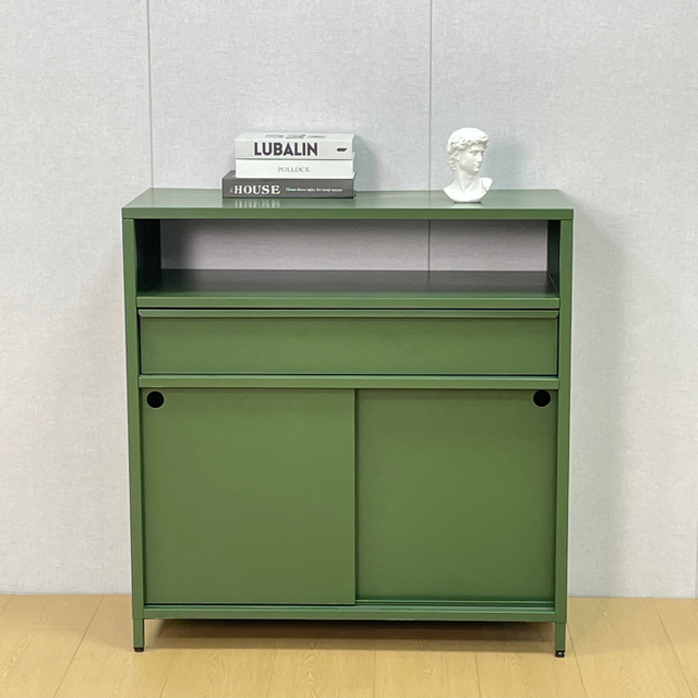 Sliding Metal Door Storage Cabinet KD Knock Down Steel Sideboard with Drawer & Open Compartment