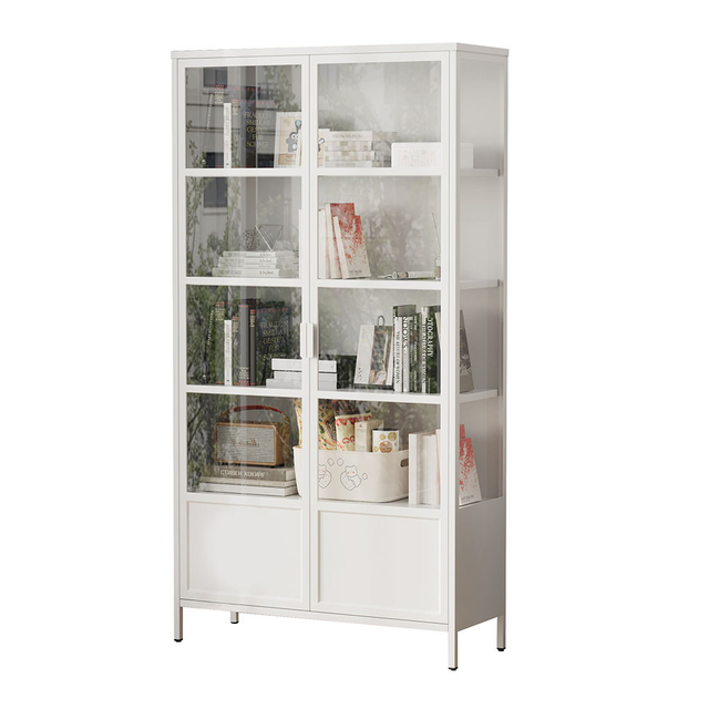 Steel Display Cabinet KD Knock Down Tempered Glass Bookcase with Double Press Doors & Bottom Cabinets