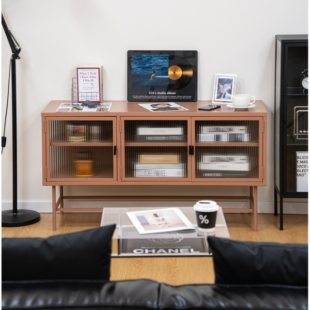 3‑Door Fluted Glass Steel Sideboard Cabinet
