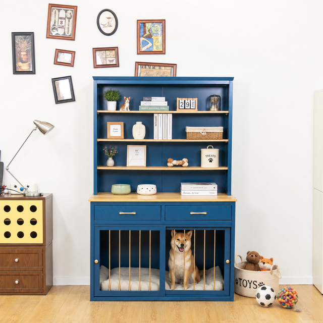 Integrated Dog Kennel with Bookshelf & Storage Drawers