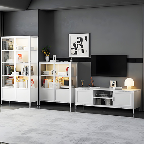 NENH metal display cabinet and TV stand for modern living room storage solutions